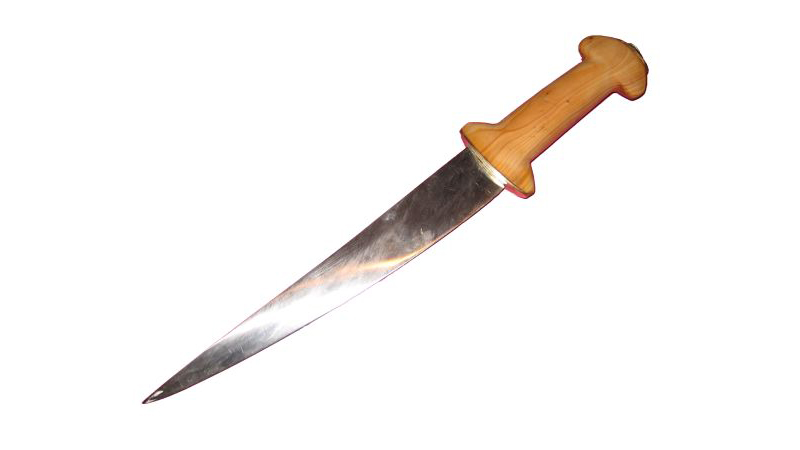 Dolchmesser "Mühlener Messer", Hochmittelalter (1250). Der Griff besteht Polierter Eibe mit Messingabschlüssen und Parier. Die Klinge ist eine Monostahlklinge